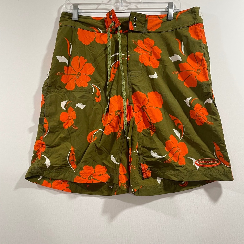 Patagonia Mens 32 Board Shorts Olive Green Orange Hibiscus Floral Nylon 86551FS‎